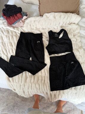 AYBL Black Leopard-Print Active Set — Sports Bra, High-Waist Leggings & Shorts